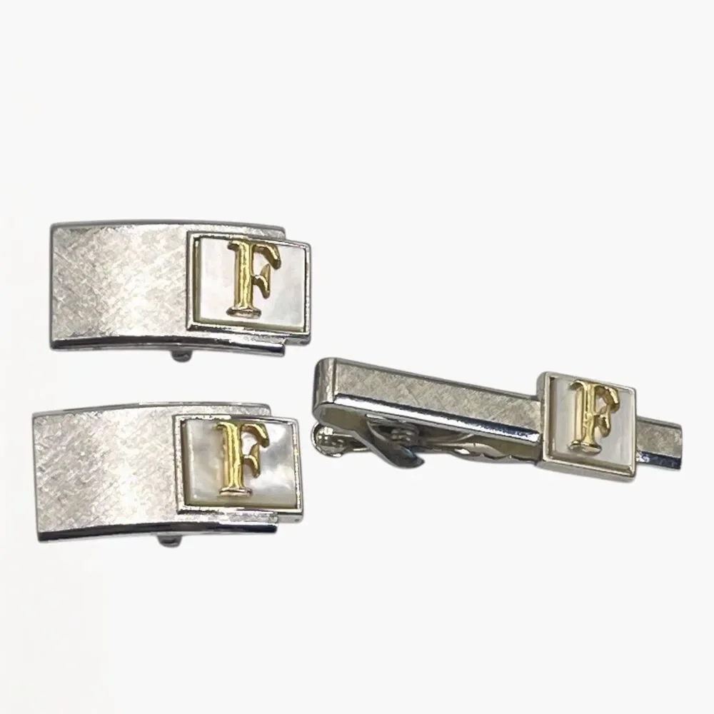 Vintage Swank F Monogram Mother of Pearl Cufflinks Tie Clip Set 2 Tone Initial